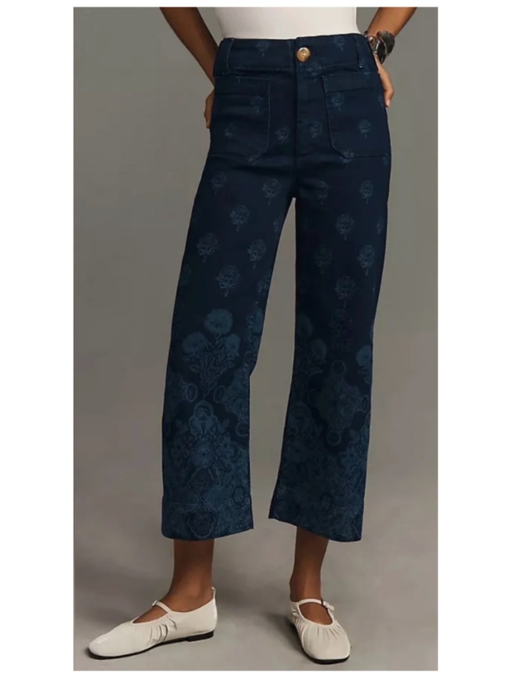 Maeve Colette Navy Floral Cropped Wide-Leg Jeans